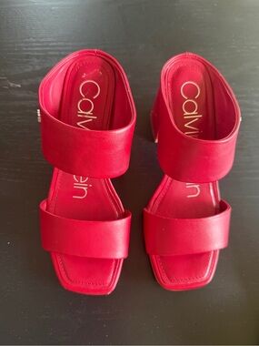 Calvin Klein Red Double-Strap Square-Toe Slide Heels